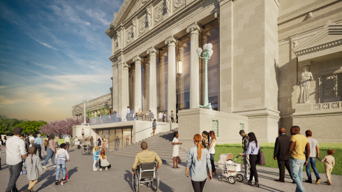 A rendering showing the reopened and remodeled South Portico of the Griffin Museum of Science and Industry.