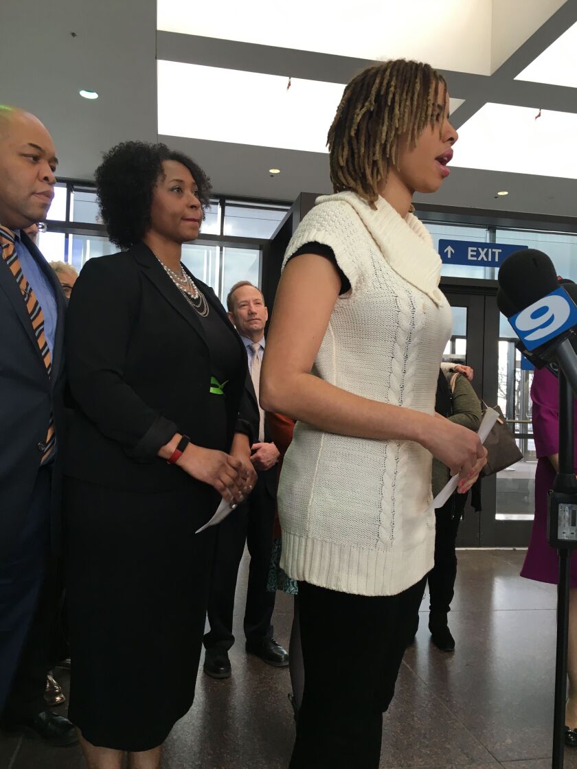 Nailah Franklin’s sister, Ashlee Allen, talks to reporters after Franklin’s killer was sentenced. Behind Allen is another sister, Lehia Franklin Acox. | Rummana Hussain/Sun-Times