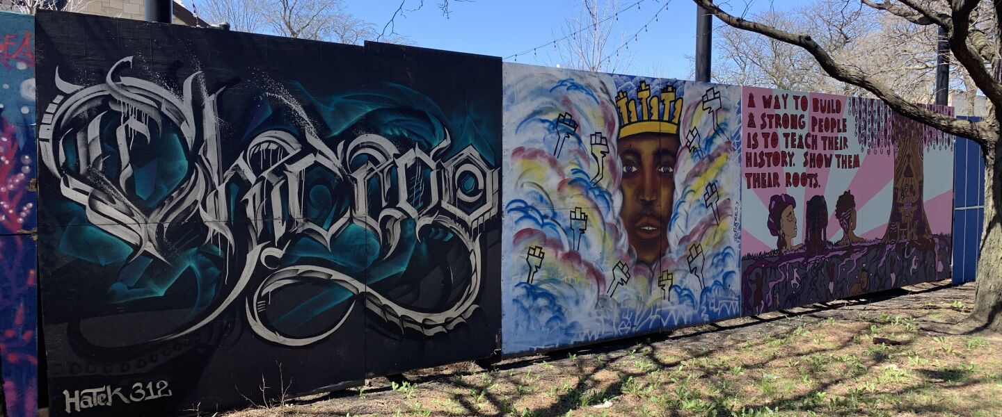 These murals also are on display at the DuSable Black History Museum and Education Center. The one in the middle is by Barrett Keithley, co-founder of the arts initiative Paint the City that was influential in creating and preserving street murals amid protests following George Floyd’s 2020 killing by a white Minneapolis police officer.