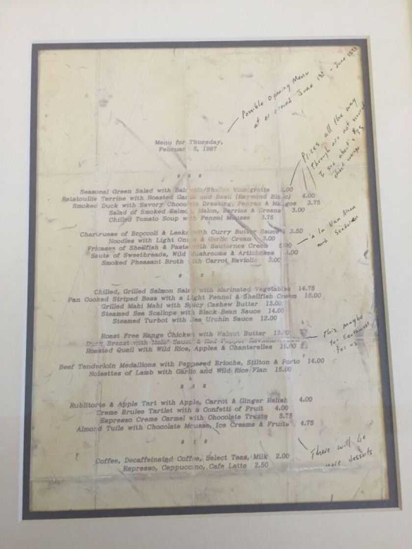 The pre-opening menu from Charlie Trotter’s in 1987, with notations from Trotter.<br>| COURTESY “Charlie Trotter: Chef, Artist, Thinker”