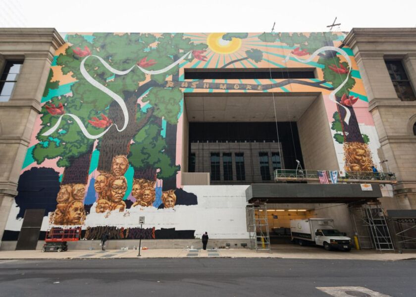 The painting of the Kerry James Marshall mural at the Cultural Center’s Garland Court entrance has been going on for the past several months. | Patrick L. Pyszka