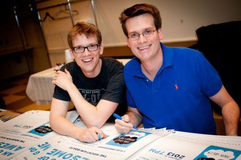 Hank Green (left) with his brother and best-selling author John Green at Carnegie Hall in 2013. Hank Green says writing his debut book was “so fun and scary and exciting.” | Provided photo