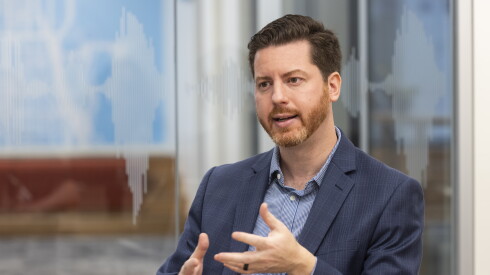 Collin Corbett, independent candidate for Illinois governor, sits down for a conversation with a Chicago Sun-Times reporter at the Chicago Public Media office at Navy Pier, Tuesday, July 7, 2026.