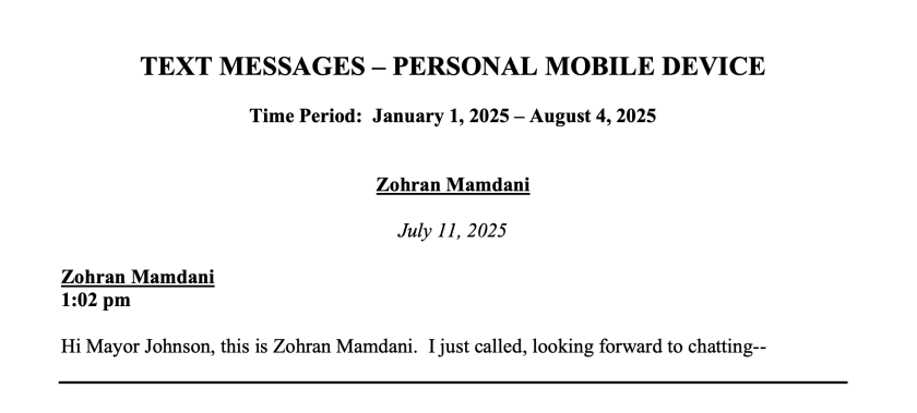 A copy of the text message between Mayor Brandon Johnson and Zohran Mamdani.