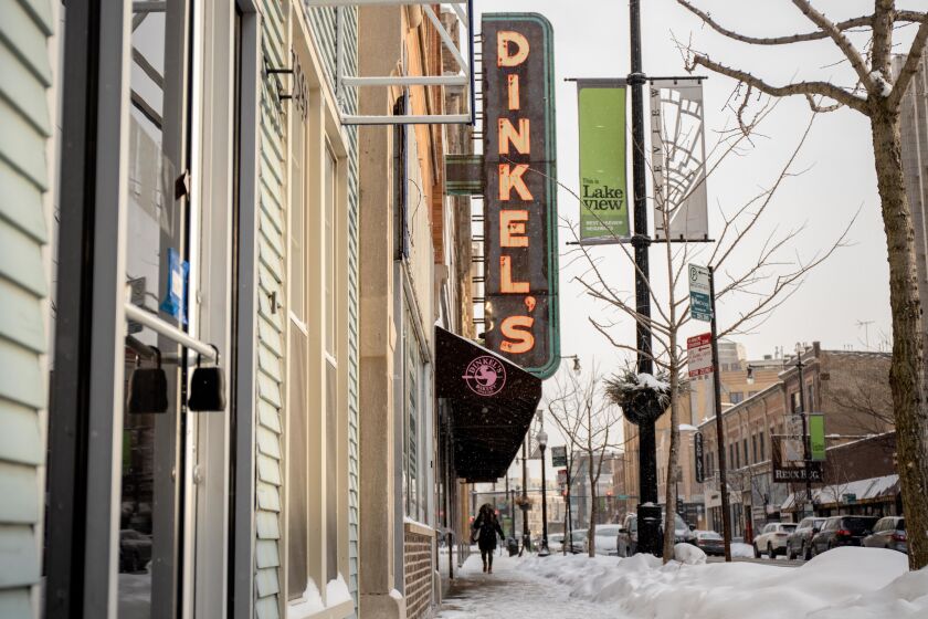 A view of Dinkel’s Bakery’s vertical neon sign on Saturday outside its storefront at 3329 N. Lincoln Ave. in Lake View.