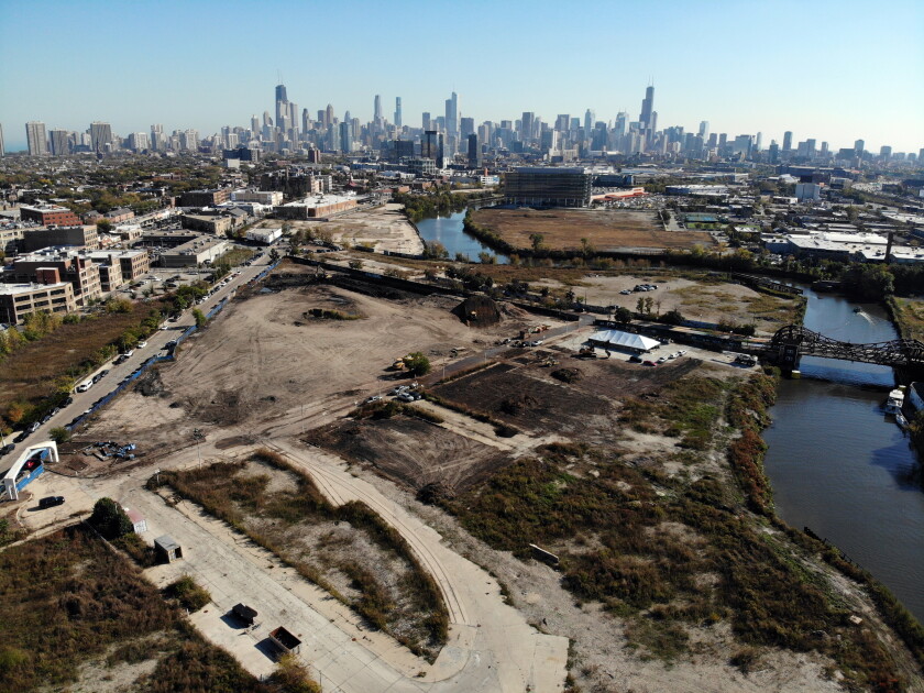 Aerial view of the construction work starting at Foundry Park, a $3 billion mixed-use development near the North Branch of the Chicago River in Lincoln Park.