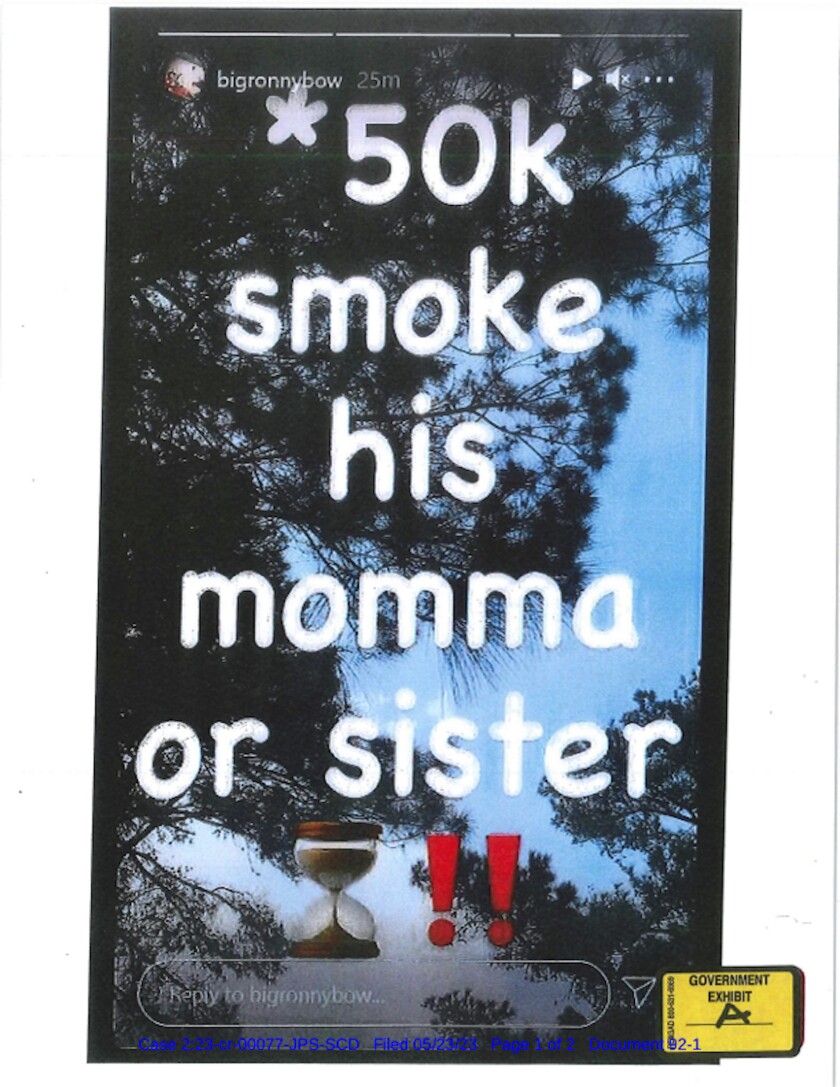 Federal prosecutors in Milwaukee say the leader of the Wild 100s gang posted this online solicitation to kill the mother or sister of a rival.