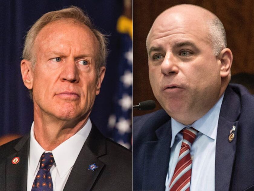 Gov. Bruce Rauner, left, listens during a news conference earlier this month. File photo | Tyler LaRiviere/Sun-Times; State Sen. Sam McCann, right, listens during a legislative hearing in March. File Photo. (Erin Brown/Sun Times via AP File)