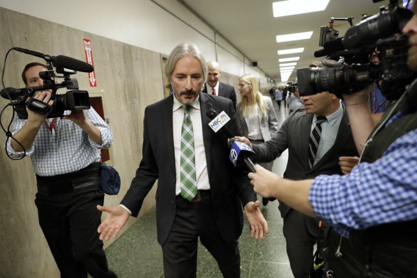 Matt Gonzalez, chief attorney of the San Francisco Public Defenders Office center, fields questions after a verdict was reached in the trial of Jose Ines Garcia Zarate Thursday, Nov. 30, 2017, in San Francisco. Garcia Zarate was found not guilty in the ki