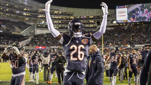 Chicago Bears cornerback Nahshon Wright #26 hypes up the crowd after warm-ups before the Bears take on the Green Bay Packers in an NFC wild-card game at Soldier Field, Saturday, Jan. 10, 2026.