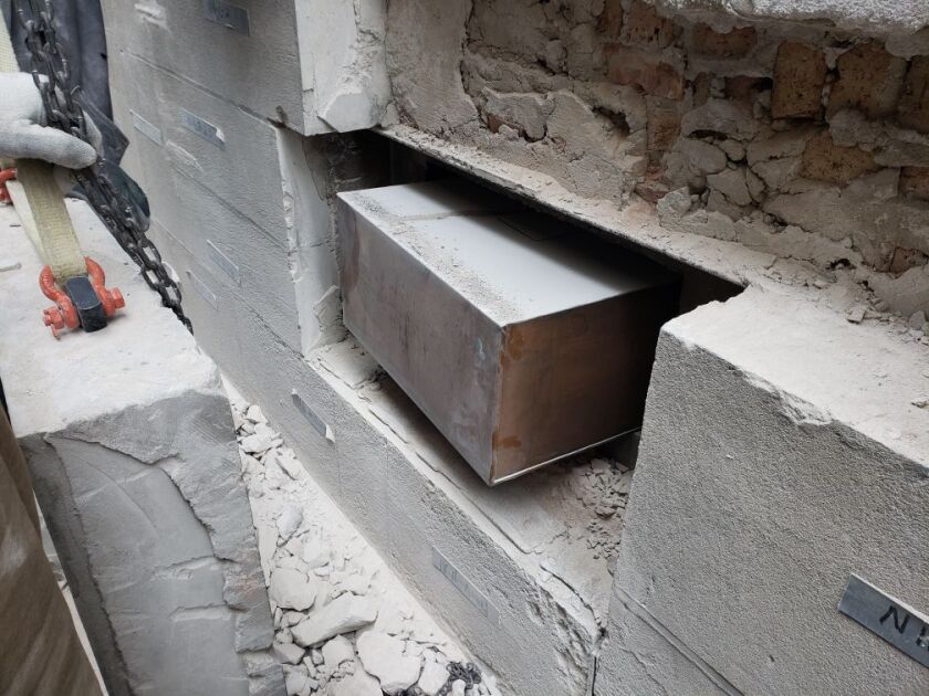 One of the time capsules discovered in the Tribune Tower, former home of the Chicago Tribune newspaper, during its renovation into luxury residences. The time capsules — from the years 1919, 1924 and 1947 — held more than 100 treasures from the city’s past and were found more than a year ago.