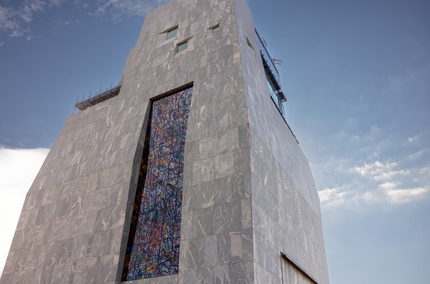 Artist Julie Mehretu's 83-foot-high glass window is a distinctive feature of the museum building at the Obama Presidential Center.