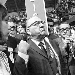 A furious Mayor Richard J. Daley on the convention floor. | AP Photo