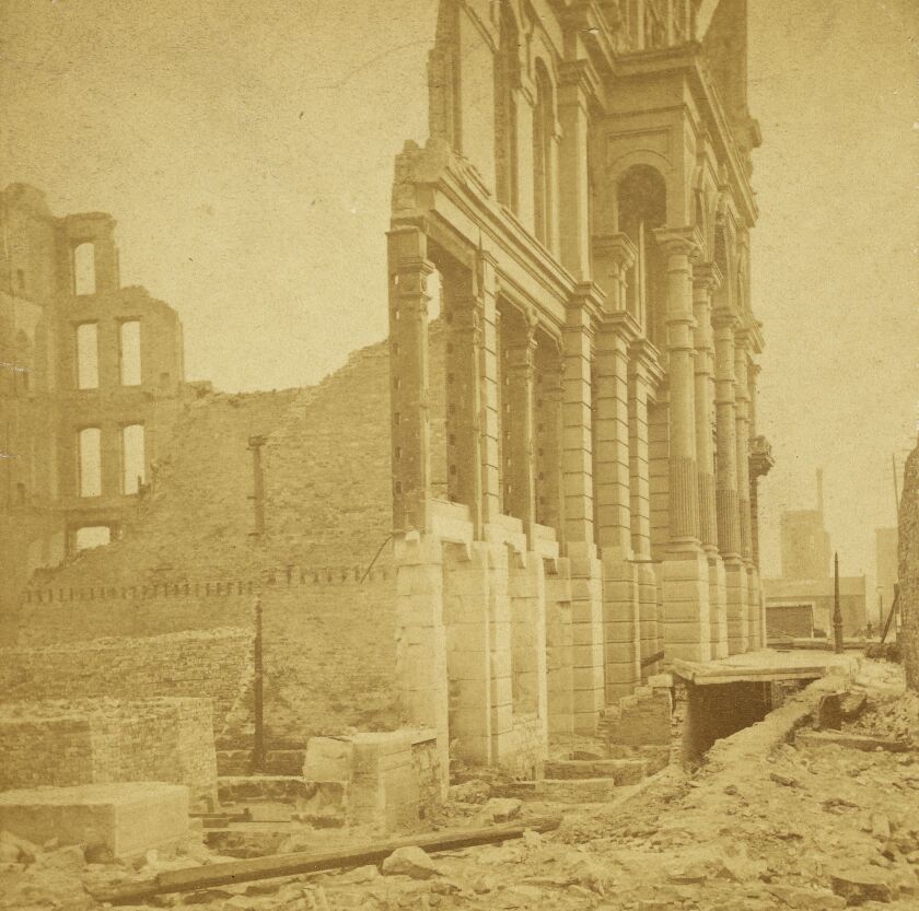 The remains of the Grand Pacific Hotel, on the block bounded by Quincy, Clark, Jackson and LaSalle. The hotel was rebuilt after the fire.