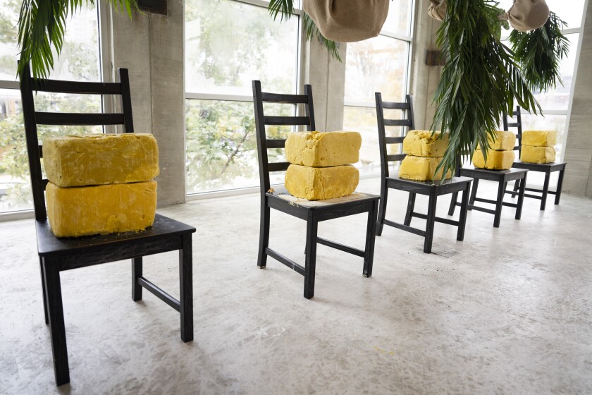 Rashid Johnson’s “Remembering D.B. Cooper,” which is part of “Over My Head: Encounters with Conceptual Art in a Flyover City, 1984–2015,” is on display at 400 N. Peoria St. in West Town during Chicago Exhibition Weekend, Saturday, Sept. 20, 2025.