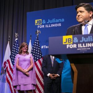 Gubernatorial candidate J.B. Pritzker’s wife, M.K. Pritzker, looks on as her husband speaks at the Marriott Marquis Chicago. | Ashlee Rezin/Sun-Times