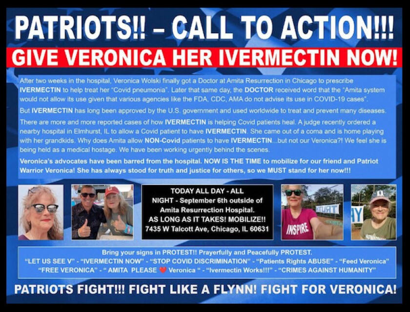 A social media post demanding that a hospital treat Veronica Wolski with ivermectin, a drug that has not been shown effective against, or approved for, COVID-19. | Screenshot
