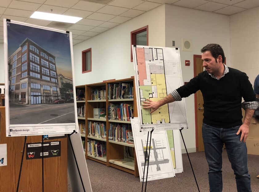 Architect Ryan Arnaudov discusses plans for the Lawrence-Kedzie Self Storage building at a public meeting on Wednesday. | Patty Wetli