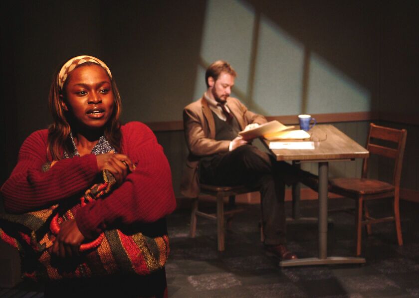 Yetide Badaki (left) as Juliette, a young survivor of the 1994 anti-Tutsi genocide in Rwanda, in Victory Gardens Theater’s “I Have Before Me a Remarkable Document Given to Me by a Young Lady from Rwanda.”