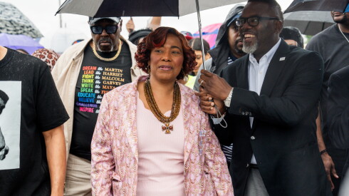 Bernice King, daughter of Rev. Martin Luther King Jr., stands beside Chicago Mayor Brandon Johnson as they march in Chicago Lawn, Saturday, Aug. 1, 2026, where people gathered to commemorate the 60th anniversary of Martin Luther King Jr.’s Marquette Park march against segregation. | Pat Nabong/Sun-Times