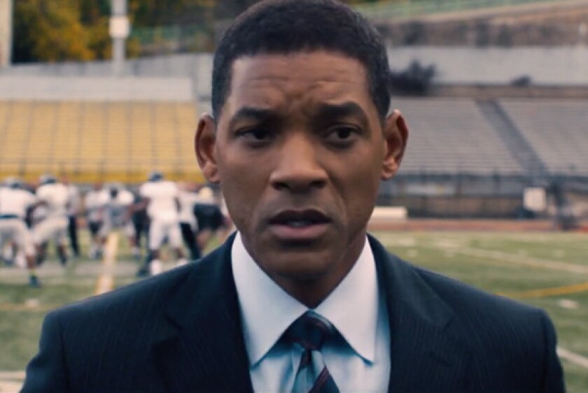 Will Smith in the movie “Concussion,” the story of Dr. Bennet Omalu, who discovered that repeated head blows from football can cause dementia and death. The biggest drop in football participation among suburban schools came after the movie’s release. | So