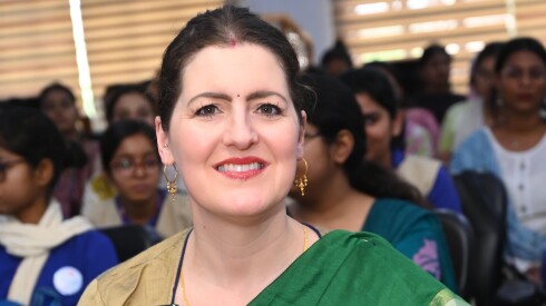 Jessica Kumar, who grew up in the western suburbs, at a speaking engagement at Patna Women’s College last March. The college is located in India’s eastern state of Bihar.