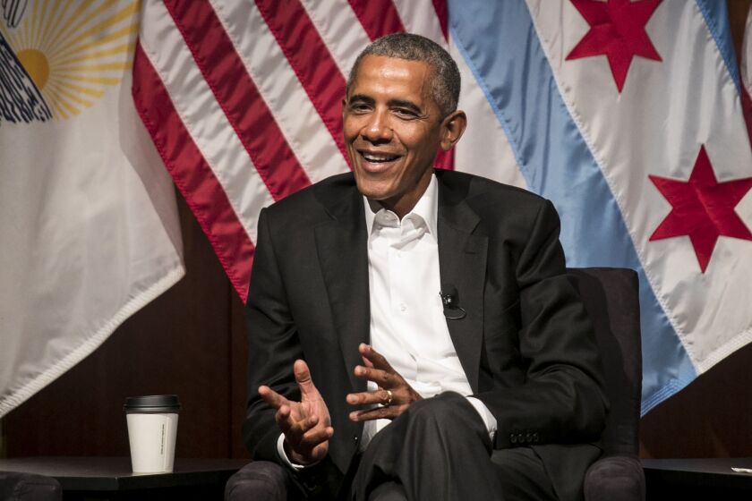 Former President Barack Obama makes his first post-presidential public appearance and chats with younger activists about community organizing and civic engagement at the University of Chicago’s Logan Center for the Arts on Monday, April 24, 2017. | Ashlee