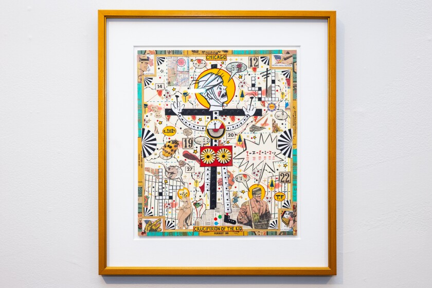 Tony Fitzpatrick’s “The Crucifixion of the Kid” drawing collage hangs on view at the West Town Chamber of Commerce on Saturday, Dec. 19, 2025.