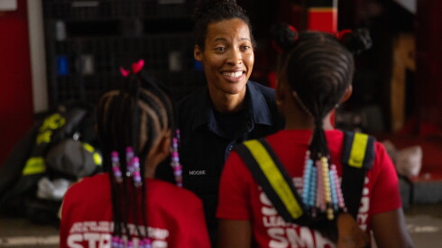Firefighter Nia Moore leads a station at CFD’s annual Firefighter for a Day experience at the Robert J. Quinn Fire Academy in the South Loop on Thursday, July 23, 2026.