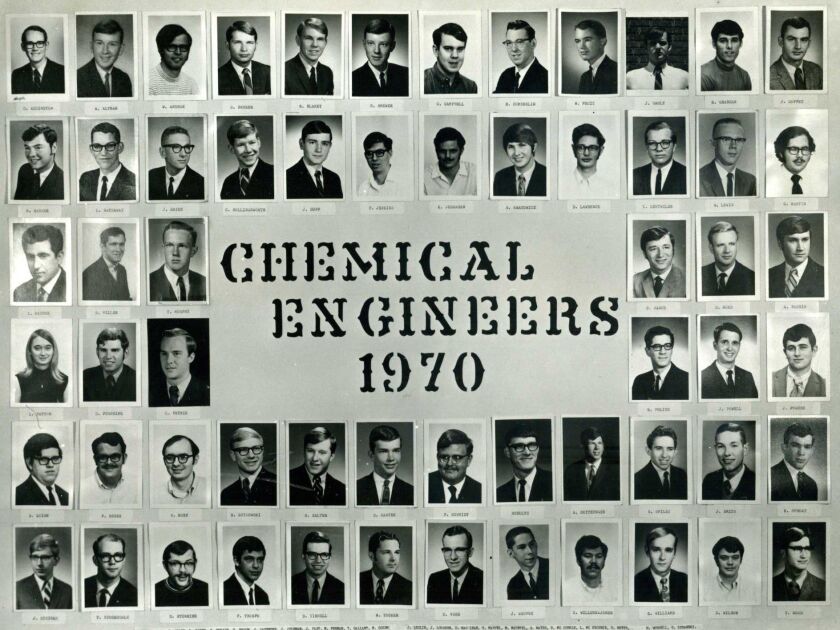 Linda Patton Huff (first person on left, fourth row) was the only woman in Purdue’s chemical engineering class of 1970. | Supplied photo