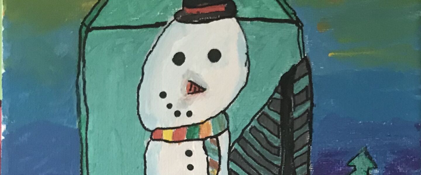 A snowman set against a backdrop of deep colors by Lara A., 12, a seventh-grader at Century Junior High School in Orland Park.