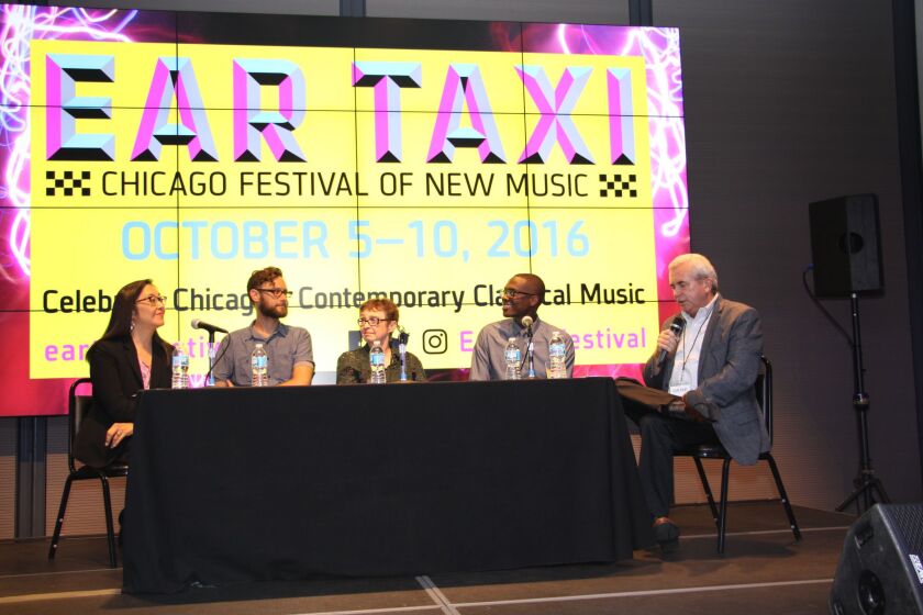 The 2016 Ear Taxi festival of new music brought together 88 composers and more than 300 musicians and featured a mind-blowing 54 world premieres. Panels such as this one were among the events.