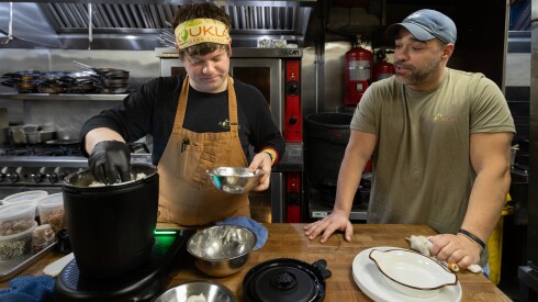 Kevin Stack, left, and Jimmy Banos Jr., chef-partners at of Kouklas Greek Eatery in Niles, prepare whipped feta.