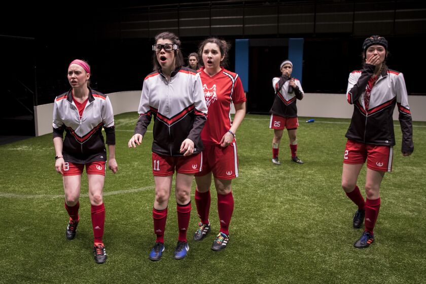 Player No. 8 (Cydney Moody from left), No. 11 (Sarah Price) No. 7 (Natalie Joyce), No 13 (Mary Tilden), No. 25 (Isa Arciniegas) and No. 2 Taylor Blim (#2) in a scene from “The Wolves.” | Liz Lauren