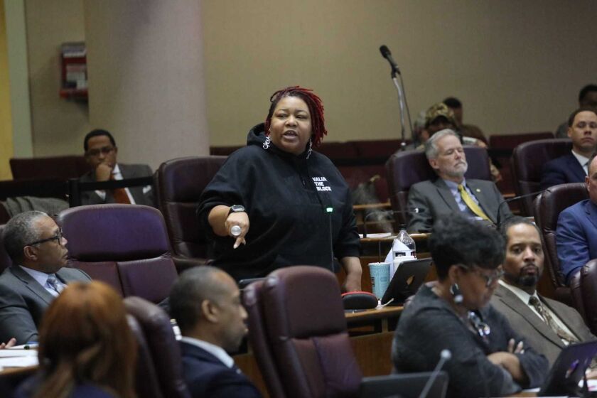 Ald. Jeanette Taylor (20th) speaks during the debate over accepting $20 million in state funding to help asylum seekers at the City Council meeting on Wednesday, March 15, 2023.