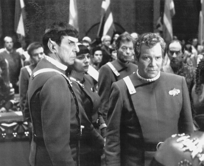 Leonard Nimoy, as Mr. Spock, and William Shatner, as Capt. James T. Kirk, starred in “Star Trek.”