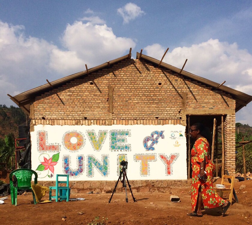 The mural that students at the Golden Drop School in Rwesero, Rwanda, did in collaboration with the Little Village students.
