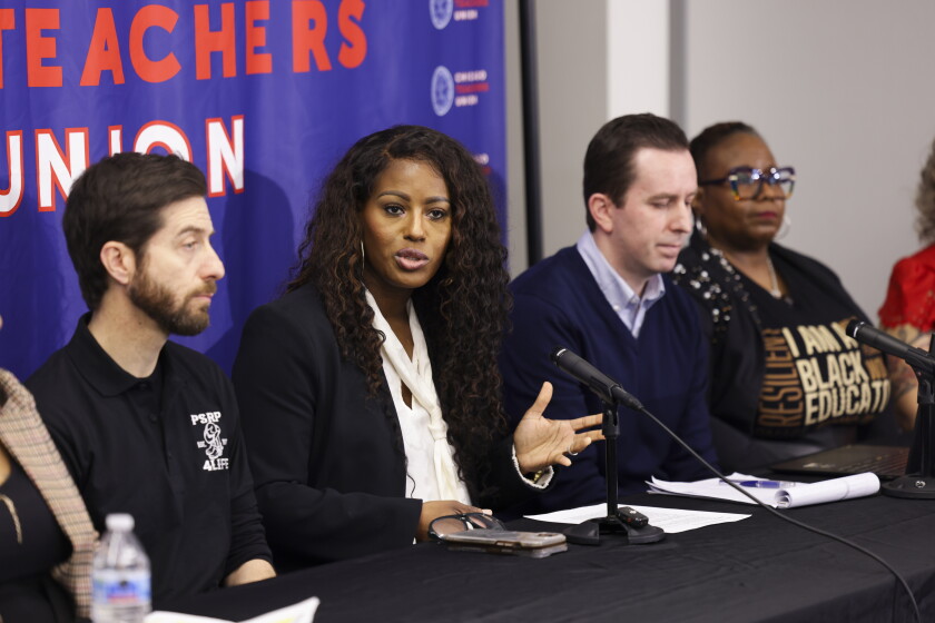 Chicago Teachers Union President Stacy Davis Gates shares details about the tentative contract deal during a press conference at the CTU offices on April 1.