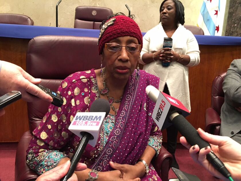 Ald. Carrie Austin (34th), chairman of the City Council’s Budget Committee, talks to reporters after the committee voted to raise construction set-asides for minorities and women and extend the program for five more years. | Fran Spielman/Sun-Times