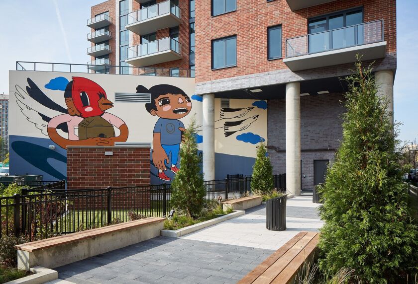 Joseph “Sentrock” Perez’s mural on the east side of the Westerly apartments, 740 N. Aberdeen St., overlooks a small park.