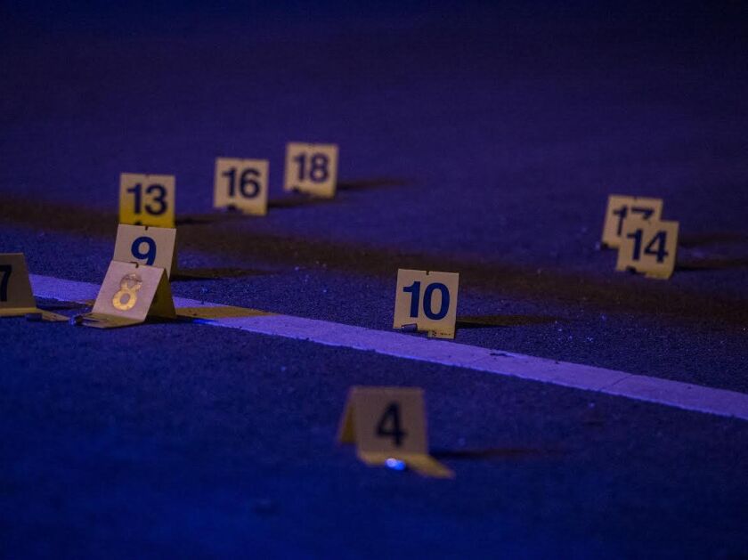 Police found 18 shell casings at a crime scene on the 6400 block of South Honore Street where a man was shot Sunday Night. | Tyler LaRiviere/Sun-Times