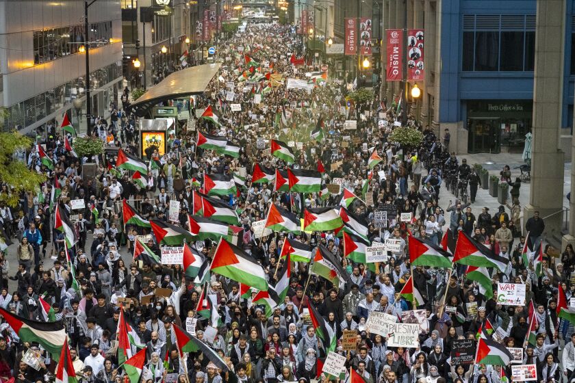 Demonstrators marched to the Israeli Consulate, where they lit Roman candles and chanted, “From the river to the sea Palestine will be free.”