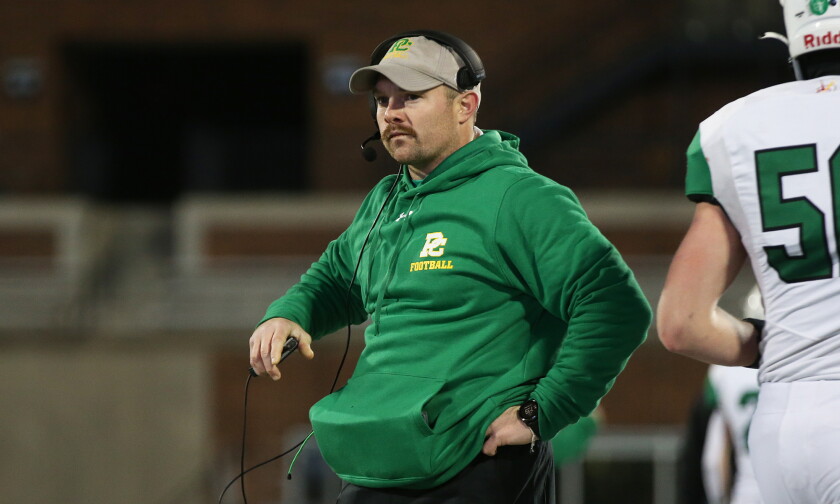 Former Providence coach Tyler Plantz during the Class 4A state championship game against Sacred Heart-Griffin in 2022.