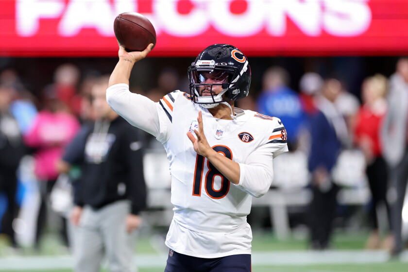 A patch honoring late Bears coach Mike Ditka is on the front of quarterback Caleb Williams' jersey.