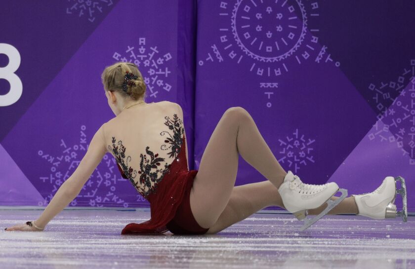 Bradie Tennell of the United States falls while performing during the women’s short program figure skating in the Gangneung Ice Arena at the 2018 Winter Olympics in Gangneung, South Korea, Wednesday, Feb. 21, 2018. (AP Photo/David J. Phillip)