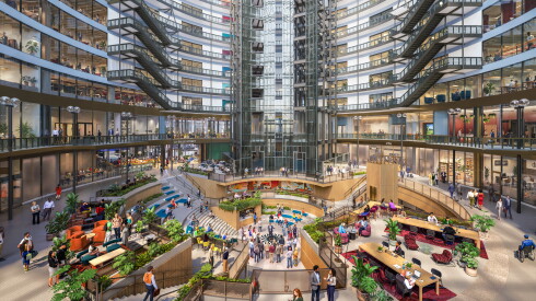 A rendering depicts Google's Grand Stairs area, at the base of the building's atrium.