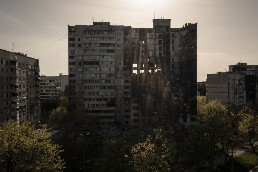 A building heavily damaged by multiple Russian bombardments stands near a frontline in Kharkiv,. Ukraine’s second-largest city, which has been under sustained attack since the beginning of the war in late February.