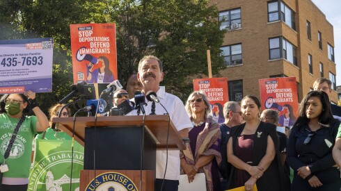U.S. Rep. Jesus “Chuy” Garcia speaks to reporters during a press conference outside an apartment complex that federal law enforcement recently raided during Operation Midway Blitz, located at 7500 S. South Shore Dr; in the South Shore neighborhood, Sunday, Oct. 5, 2025. | Tyler Pasciak LaRiviere/Sun-Times