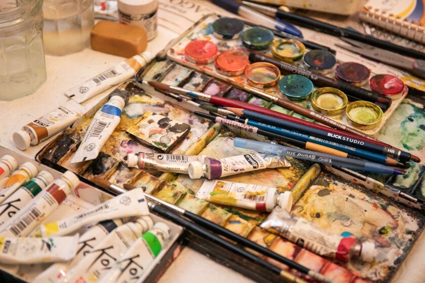 Illinois Artist Laureate Kay Smith’s watercolor paints and other supplies are photographed in her home in Lincoln Park. Park, who turns 100 on Feb. 27, still enjoys painting.