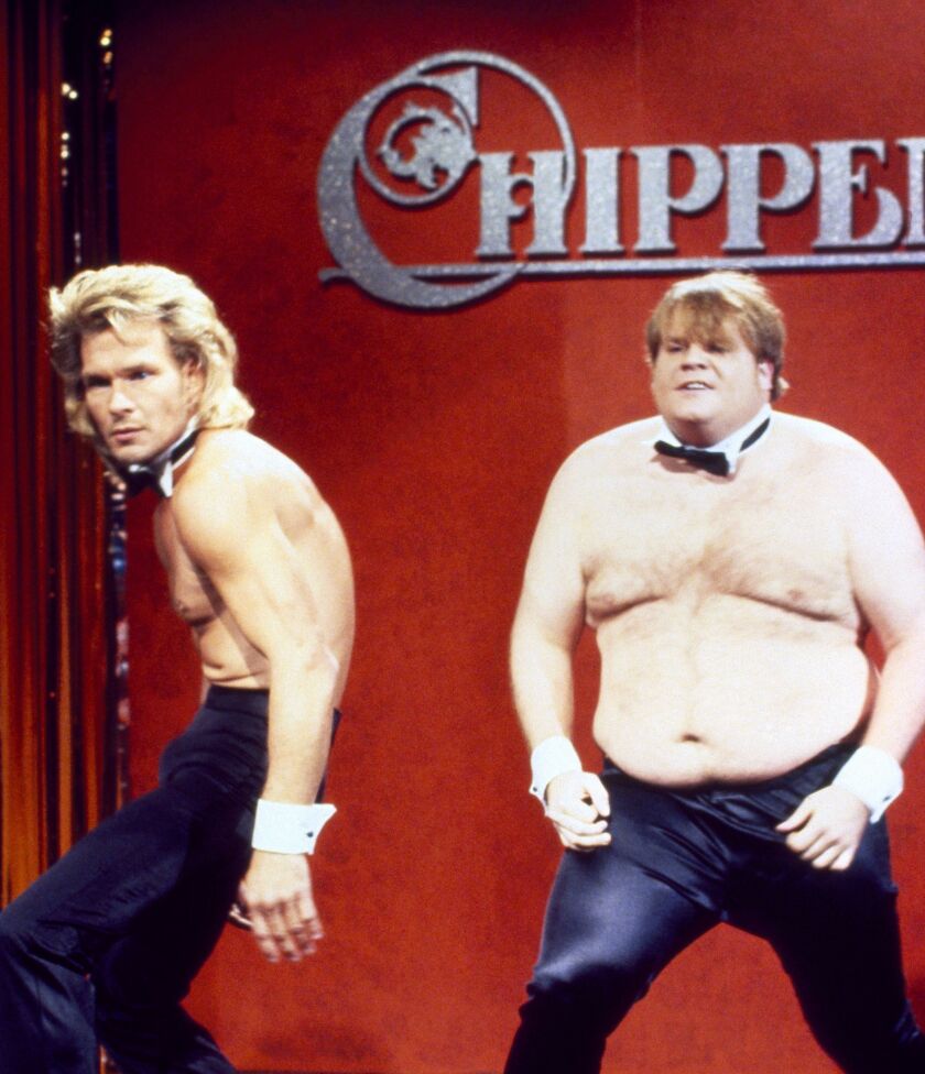 Patrick Swayze (left) and Chris Farley audition Chippendales in a skit on “Saturday Night Live” in 1990. | Al Levine/NBC